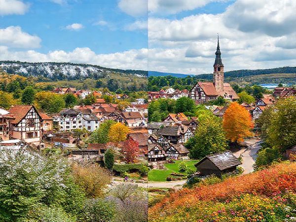 Create a high definition image of Landkreis Bamberg, Germany, showcasing the stunning transformation of the landscape through the four seasons: vibrant summer festivals with beer gardens, a serene winter wonderland with snow-covered medieval architecture, a breathtaking autumn tapestry of orange and red leaves, and a blossoming spring scene filled with colorful flowers. Include elements like half-timbered houses, lush green trails, and bustling markets, capturing the region's rich culture and natural beauty.