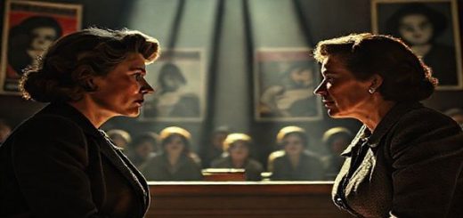 A high-definition image capturing a dramatic scene from a historically reimagined courtroom during the Nuremberg Trials, featuring two strong female characters, Clara Schindler and Helga Müller, engaged in a powerful dialogue, surrounded by striking posters highlighting feminist themes of justice and agency. The scene contrasts the stark, oppressive interiors of the courtroom with lush, vibrant exteriors symbolizing hope, embodying a dynamic atmosphere of tension and resilience, with shadows and light playing dramatically across their faces.