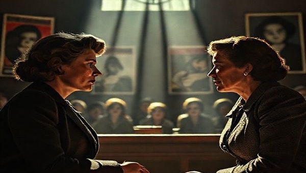 A high-definition image capturing a dramatic scene from a historically reimagined courtroom during the Nuremberg Trials, featuring two strong female characters, Clara Schindler and Helga Müller, engaged in a powerful dialogue, surrounded by striking posters highlighting feminist themes of justice and agency. The scene contrasts the stark, oppressive interiors of the courtroom with lush, vibrant exteriors symbolizing hope, embodying a dynamic atmosphere of tension and resilience, with shadows and light playing dramatically across their faces.