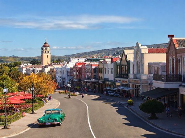 A breathtaking high-definition scene of Napier, New Zealand, showcasing its iconic Art Deco architecture surrounded by vibrant vineyards and lush landscapes. Capture the essence of each season: warm summer sunshine with bustling beachgoers, colorful autumn leaves along picturesque cycling trails, blooming spring gardens, and a serene winter backdrop with cozy cafes and quiet walks. Include elements like vintage cars during a festival, locals enjoying wine tastings, and panoramic views of Hawke's Bay to embody the rich cultural tapestry of this coastal city.