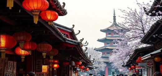 A serene Chinese market scene at dawn, bustling with life: vibrant red lanterns hanging from ornate wooden structures, skilled calligraphers showcasing intricate characters, and travelers exchanging stories over steaming bowls of noodles. In the background, a peaceful temple stands surrounded by blossoming cherry trees, symbolizing cultural richness and connection. High definition, vivid colors, and detailed textures capture the essence of immersion in Mandarin learning.