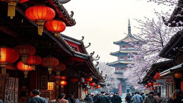 A serene Chinese market scene at dawn, bustling with life: vibrant red lanterns hanging from ornate wooden structures, skilled calligraphers showcasing intricate characters, and travelers exchanging stories over steaming bowls of noodles. In the background, a peaceful temple stands surrounded by blossoming cherry trees, symbolizing cultural richness and connection. High definition, vivid colors, and detailed textures capture the essence of immersion in Mandarin learning.