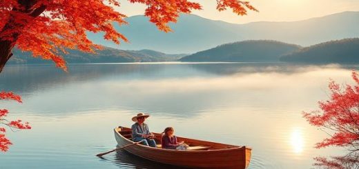 A serene scene of Mangakino in autumn, showcasing Lake Maraetai surrounded by vibrant red and gold foliage. A cozy wooden rowboat drifts lazily on the calm water, while a couple enjoys a picnic on the shore under a canopy of colorful trees. The sun casts a warm glow, enhancing the beauty of nature, and distant hills peek through the mist. High definition.