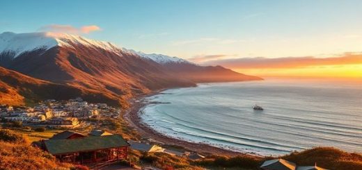 "Create a high-definition image of Kaikōura, New Zealand, showcasing the stunning coastal town nestled between majestic snow-capped mountains and the vibrant blue Pacific Ocean. Capture the lively atmosphere of summer with whale watching tours, playful dolphins, and a scenic hiking trail along the rugged coastline. Include warm hues of sunset illuminating the sky, while visitors indulge in fresh seafood at outdoor cafes, surrounded by lush greenery and the breathtaking landscape."