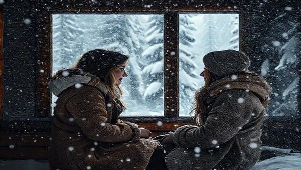 A high-definition image depicting an isolated cabin in a snow-covered wilderness, surrounded by towering pines and a swirling snowstorm. Inside the cabin, two sisters, Clara and Ingrid, engage in an intense yet heartfelt conversation, their expressions rich with emotion and complexity. Soft, natural light filters through the window, highlighting the contrasts of warmth and coldness. Outside, the stark beauty of the frozen landscape mirrors their internal struggles, while subtle shadows play across the scene, suggesting the intricate layers of their relationship.