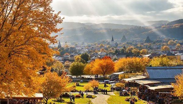 A picturesque rural landscape of Marton, New Zealand, showcasing the vibrant autumn colors of amber and gold. In the foreground, local farmers' markets bustle with activity, and families enjoy picnics under towering trees in a scenic park. In the background, the charming historical architecture of the town contrasts beautifully with the warm hues of fall foliage. Include hints of local festivities, like art and craft stalls, and a few light rain showers creating radiant rainbows in the sky. Render this image in high definition.
