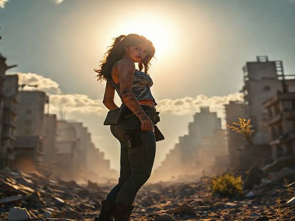 Create a high-definition image depicting a powerful female protagonist in a post-apocalyptic urban landscape. She stands confidently amidst crumbling buildings, the remnants of civilization behind her, while the sun casts warm hues over the scene, contrasting the cold grays and blues of destruction. Emphasize her intense, thoughtful expression as she engages in a deep conversation with another woman, both illuminated by soft, golden light. Incorporate elements of nature reclaiming the city, symbolizing resilience and growth, while subtle hints of tension linger in the atmosphere, reflecting the chaos of their world.