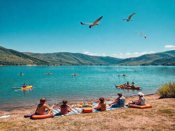 High-definition image of Lake Rotomā, capturing its serene beauty surrounded by lush, rolling hills. The scene showcases vibrant summer hues with clear blue waters reflecting the sun, along with people engaged in water sports like kayaking and paddleboarding. Include a picnic setup on the shore with families enjoying the outdoors, and a backdrop of native birds gracefully soaring above, adding to the lively yet tranquil atmosphere.