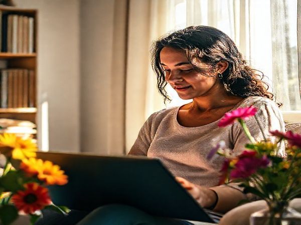 A high-definition masterpiece depicting a serene moment between a mother and daughter in a sunlit room, their expressions reflecting deep emotional connection and strength. The scene should be artistically lit with soft shadows, symbolizing the complexities of their relationship. Surround them with elements representing their dual identities, such as books, a laptop, and vibrant flowers, capturing the essence of resilience and self-discovery amidst societal pressures.