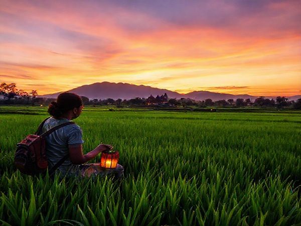 A serene Lao landscape at dusk, featuring lush green rice paddies and a distant temple, where a traveler practices Lao with a friendly local. The sky is painted in hues of orange and purple, reflecting the sunset, while soft lantern lights illuminate the scene. Captured in high definition, emphasizing the beauty of cultural exchange and the joy of learning a new language amidst nature.