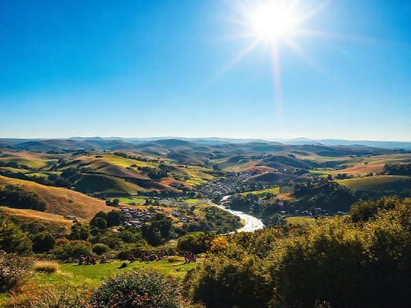 A mesmerizing high-definition scene of Manawatū District, New Zealand, showcasing its stunning summer landscape: vibrant rolling hills basking under a golden sun, with locals enjoying picnics in the blooming Victoria Esplanade. Include families biking and hiking along the crystal-clear rivers of Pohangina Valley, set against a backdrop of colorful local festivals, lush gardens, and cozy cafes buzzing with joyful chatter. The sky should be a clear blue, accentuating the idyllic charm of this serene and adventurous escape.