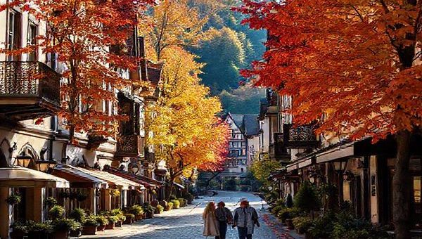 A high-definition image of Baden-Baden during autumn, showcasing a charming street lined with vibrant golden and red foliage. Include the elegant architecture typical of the town, with cozy cafes nestled among the trees. Capture the soft light of a sunlit afternoon, with leaves gently falling and a couple enjoying a leisurely stroll. Add hints of the Black Forest in the background, enhancing the idyllic and intimate atmosphere of this picturesque spa town.