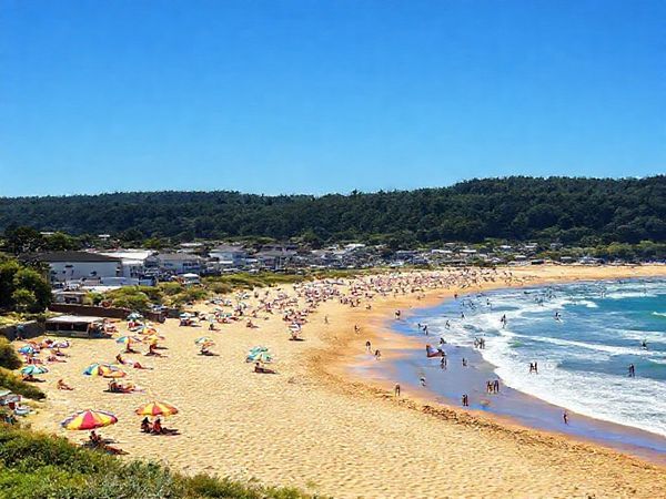 A picturesque view of Dargaville, New Zealand, showcasing the vibrant summer scene: sunbathers on Ripiro Beach with golden sands, colorful beach umbrellas dotting the shoreline, surfers riding rolling waves, and locals enjoying a bustling market with fresh kumara. In the background, lush kauri forests under a bright blue sky complete the scene. Make the image in high definition.