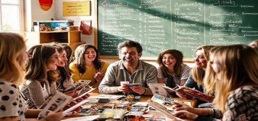 A vibrant scene depicting a diverse group of people engaged in a lively German language class, with a charismatic native speaker at the center, surrounded by colorful flashcards, books, and cultural artifacts from Germany, Austria, and Switzerland. In the background, a chalkboard filled with German grammar rules and various compound words. Sunlight streams through a window, illuminating the room filled with laughter and camaraderie, showcasing the joy of learning. High definition.