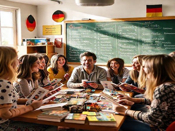 A vibrant scene depicting a diverse group of people engaged in a lively German language class, with a charismatic native speaker at the center, surrounded by colorful flashcards, books, and cultural artifacts from Germany, Austria, and Switzerland. In the background, a chalkboard filled with German grammar rules and various compound words. Sunlight streams through a window, illuminating the room filled with laughter and camaraderie, showcasing the joy of learning. High definition.