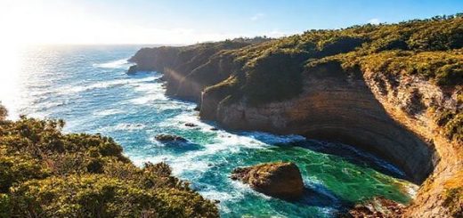 High-definition image of Paparoa National Park in summer, showcasing vibrant landscapes of dense rainforests and rugged cliffs, with the iconic Pancake Rocks and stunning coastal views bathed in warm sunlight. Include a bright blue sky and the sound of crashing waves, capturing the energy and beauty of outdoor adventures, all while hinting at a tranquil sunset over the Tasman Sea.