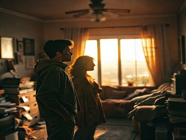 **Image Prompt:** Create a high-definition scene capturing a sweeping panorama that transitions into an intimate, cluttered living room, symbolizing the emotional depth of gender narratives. In the foreground, depict the protagonist Eddie, a young individual radiating complexity and introspection, alongside a powerful, supportive mother figure. Use warm, evocative colors that reflect the early dawn light filtering through the window, illuminating Eddie's journey of self-acceptance. Incorporate elements of visual storytelling, such as deep-focus shots and artistic shadow play, to enhance the scene's emotional resonance while subtly suggesting the underlying tension in their conversation.