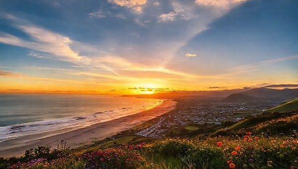 A breathtaking sunset over the Kāpiti Coast District, showcasing golden beaches and lush green hills. Include vibrant summer activity scenes with surfers riding the waves, families picnicking on the shore, and colorful flowers blooming in the nearby gardens. Capture charming towns in the background and a serene, inviting sky filled with warm hues. Please make the image in high definition.