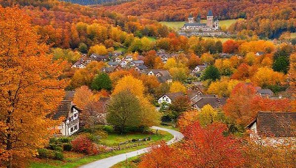 **A serene landscape of Landkreis Börde, Germany, showcasing the vibrant autumn foliage in hues of orange, red, and yellow. Quaint villages nestled among rolling hills, with a gently winding path leading through a colorful forest. In the background, an ancient cathedral peeks through the trees, while locals enjoy a harvest festival with stalls offering traditional crafts and culinary delights. Capture the charm of this peaceful countryside scene in high definition.**