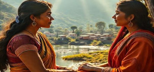 Create a high-definition image depicting a serene riverside scene from the film "Nishaanchi" (2025). Show two women, Anjali and Radha, engaged in an intimate conversation, surrounded by lush landscapes in warm, earthy tones. Capture the essence of female solidarity and emotional depth, with rays of sunlight filtering through the trees, illuminating their expressions of vulnerability and strength. Include details of the village of Sundarpur in the background, symbolizing a vibrant community that supports women's empowerment.