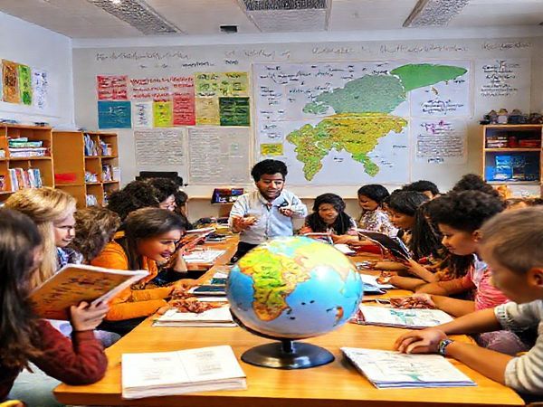 Create a high definition image of a vibrant, multicultural classroom filled with diverse students engaged in learning English. Include elements like textbooks, language apps on tablets, maps of English-speaking countries, and a globe. The atmosphere should be lively and inspiring, with quotes about language learning on the walls and a teacher enthusiastically guiding the students.