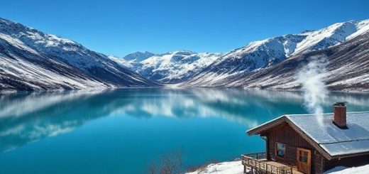 A breathtaking high-definition scene of Lake Ohau, nestled in the Southern Alps of New Zealand. Capture the tranquil turquoise waters reflecting the snow-capped mountains in winter, adorned with a dusting of fluffy white snow. Include a cozy cabin by the lake with smoke curling from the chimney, ski tracks on the slopes, and a serene atmosphere, inviting visitors to enjoy a peaceful escape. The sky is clear blue, adding to the magical winter landscape.