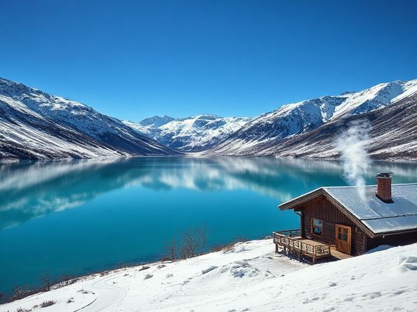 A breathtaking high-definition scene of Lake Ohau, nestled in the Southern Alps of New Zealand. Capture the tranquil turquoise waters reflecting the snow-capped mountains in winter, adorned with a dusting of fluffy white snow. Include a cozy cabin by the lake with smoke curling from the chimney, ski tracks on the slopes, and a serene atmosphere, inviting visitors to enjoy a peaceful escape. The sky is clear blue, adding to the magical winter landscape.