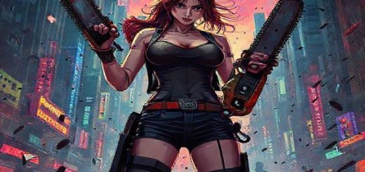 A high-definition image of a powerful female character, Reze, standing amidst a chaotic cityscape drenched in vibrant colors and dynamic violence. She embodies ferocity and tenderness, wielding chainsaws in both hands, poised between destruction and intimacy. Her expression reflects complexity, as fragments of a shattered world swirl around her. Include subtle imagery of Denji in the background, symbolizing their intricate relationship dynamics. The scene should convey a blend of horror and beauty, capturing the essence of feminist critique in animation.