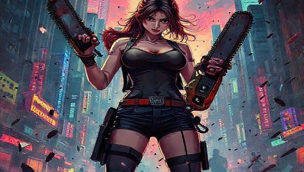 A high-definition image of a powerful female character, Reze, standing amidst a chaotic cityscape drenched in vibrant colors and dynamic violence. She embodies ferocity and tenderness, wielding chainsaws in both hands, poised between destruction and intimacy. Her expression reflects complexity, as fragments of a shattered world swirl around her. Include subtle imagery of Denji in the background, symbolizing their intricate relationship dynamics. The scene should convey a blend of horror and beauty, capturing the essence of feminist critique in animation.