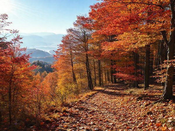 High definition image of Peel Forest Park in New Zealand, showcasing the vibrant colors of fall with trees adorned in red, orange, and gold leaves. Include a serene hiking trail covered in fallen leaves, soft sunlight filtering through the foliage, and a distant view of misty peaks. Capture the tranquility and natural beauty of this idyllic landscape during autumn.