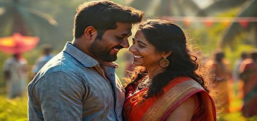 A vibrant and cinematic scene showcasing an intimate moment between a couple in a sunlit Indian landscape, with lush greenery and a slight breeze. The couple, embodying the nuances of romance and age gap, shares a quiet laugh amidst the colorful chaos of a traditional festival. In the background, a soft focus on their friends celebrating hints at societal expectations, while intricate designs and colors swirl around them, reflecting the film's themes of love and complexity. High definition.
