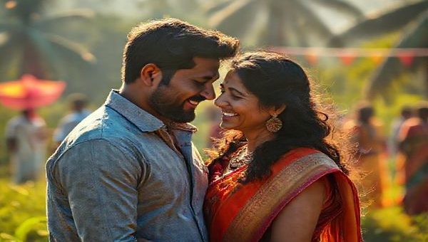 A vibrant and cinematic scene showcasing an intimate moment between a couple in a sunlit Indian landscape, with lush greenery and a slight breeze. The couple, embodying the nuances of romance and age gap, shares a quiet laugh amidst the colorful chaos of a traditional festival. In the background, a soft focus on their friends celebrating hints at societal expectations, while intricate designs and colors swirl around them, reflecting the film's themes of love and complexity. High definition.