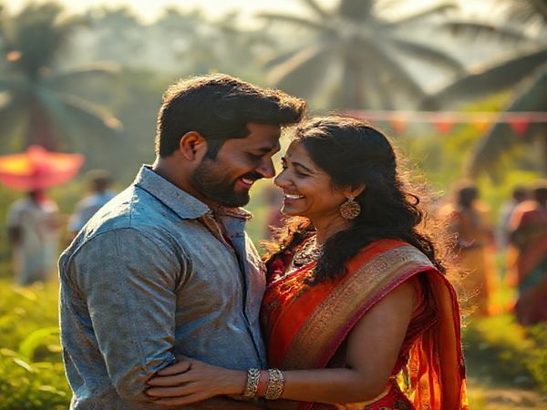 A vibrant and cinematic scene showcasing an intimate moment between a couple in a sunlit Indian landscape, with lush greenery and a slight breeze. The couple, embodying the nuances of romance and age gap, shares a quiet laugh amidst the colorful chaos of a traditional festival. In the background, a soft focus on their friends celebrating hints at societal expectations, while intricate designs and colors swirl around them, reflecting the film's themes of love and complexity. High definition.