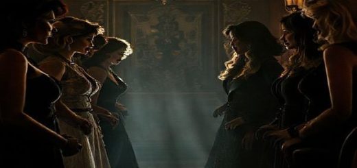 A moody, high-definition image of a stylish, opulent movie set inspired by "Wake Up Dead Man: A Knives Out Mystery (2025)," featuring a diverse group of women characters in 1920s-inspired outfits, engaging in a dramatic dialogue amidst a backdrop of intricate decor and shadows. The atmosphere should convey a sense of mystery and suspense, with sharp lighting highlighting their expressions of empowerment and determination, reflecting both traditional archetypes and a break from them.