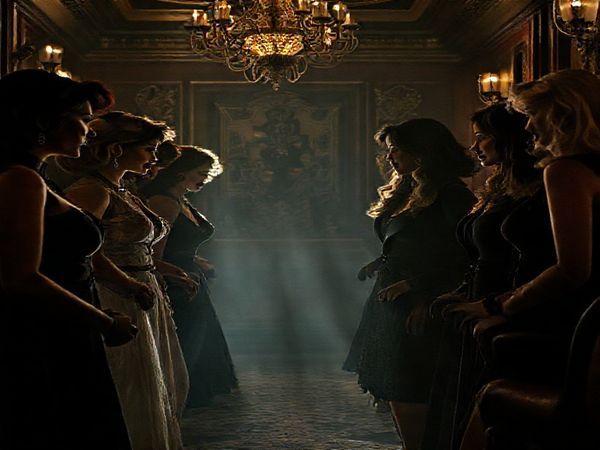 A moody, high-definition image of a stylish, opulent movie set inspired by "Wake Up Dead Man: A Knives Out Mystery (2025)," featuring a diverse group of women characters in 1920s-inspired outfits, engaging in a dramatic dialogue amidst a backdrop of intricate decor and shadows. The atmosphere should convey a sense of mystery and suspense, with sharp lighting highlighting their expressions of empowerment and determination, reflecting both traditional archetypes and a break from them.