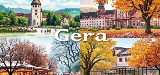 Create a high-definition image of Gera, Germany, showcasing the vibrant beauty of each season: in summer, depict lush greenery with people enjoying outdoor activities in Hofwiesenpark; in winter, illustrate a snowy wonderland with twinkling Christmas lights over the market; in autumn, capture golden leaves falling in serene parks during the Chili Festival; and in spring, present blooming flowers and the Baroque Orangerie. Combine these scenes seamlessly, reflecting the city's charm and seasonal diversity.