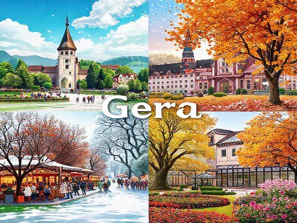 Create a high-definition image of Gera, Germany, showcasing the vibrant beauty of each season: in summer, depict lush greenery with people enjoying outdoor activities in Hofwiesenpark; in winter, illustrate a snowy wonderland with twinkling Christmas lights over the market; in autumn, capture golden leaves falling in serene parks during the Chili Festival; and in spring, present blooming flowers and the Baroque Orangerie. Combine these scenes seamlessly, reflecting the city's charm and seasonal diversity.