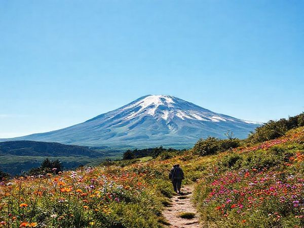 A breathtaking high-definition image of Egmont National Park showcasing the majestic Mt. Taranaki in summer, surrounded by vibrant wildflowers and lush greenery. Capture the clear blue skies, bustling hiking trails with adventurers, and the vibrant colors of nature in full bloom, reflecting a lively atmosphere perfect for exploration.