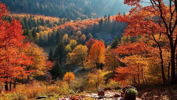 A serene Black Forest landscape in high definition, showcasing a vibrant autumn scene with trees ablaze in shades of red, orange, and gold, meandering trails, and a quaint village nestled in the background. Include a peaceful picnic setup with seasonal culinary delights amidst the colorful foliage, and soft sunlight filtering through the leaves, enhancing the magical ambiance of this enchanting region.