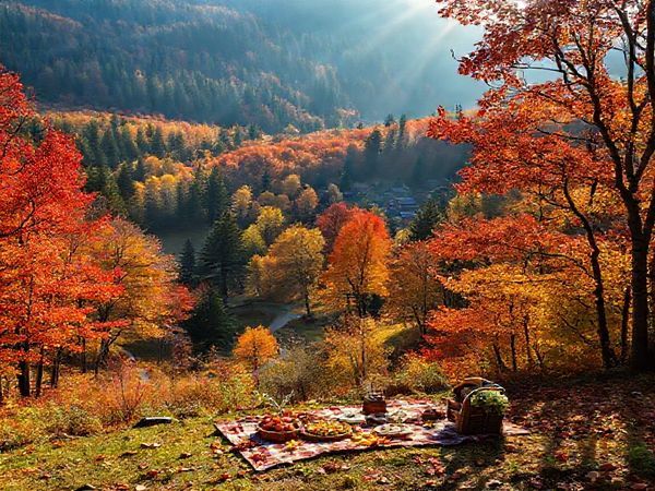 A serene Black Forest landscape in high definition, showcasing a vibrant autumn scene with trees ablaze in shades of red, orange, and gold, meandering trails, and a quaint village nestled in the background. Include a peaceful picnic setup with seasonal culinary delights amidst the colorful foliage, and soft sunlight filtering through the leaves, enhancing the magical ambiance of this enchanting region.