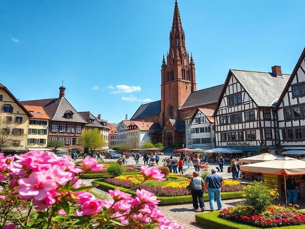 A high-definition image of Freiburg im Breisgau in full bloom during spring, showcasing vibrant gardens and colorful flowers amidst historic medieval architecture. Include the iconic Freiburg Minster with its towering spire, surrounded by cheerful visitors enjoying the sunny weather. Capture the essence of a tranquil day, perhaps with a hint of blossoms in the foreground and the bustling Münsterplatz market in the background, embodying the city's charm and vitality.