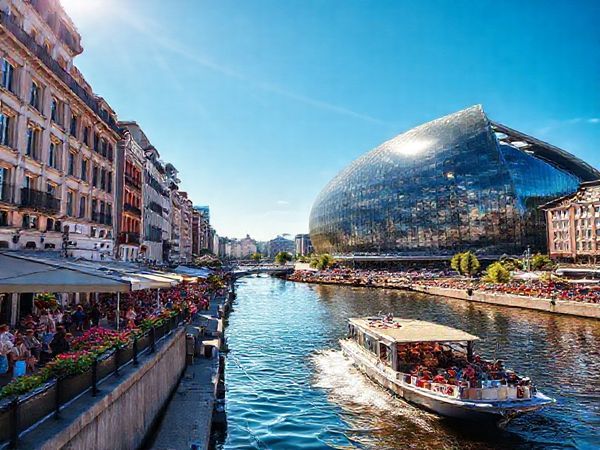 A stunning high definition image of HafenCity in summer, showcasing the vibrant atmosphere with outdoor festivals, bustling streets, and the striking Elbphilharmonie in glass reflected in the sun. Include people enjoying the waterfront cafes, blooming flowers, and a lively boat tour on the Elbe River, all under a clear blue sky.