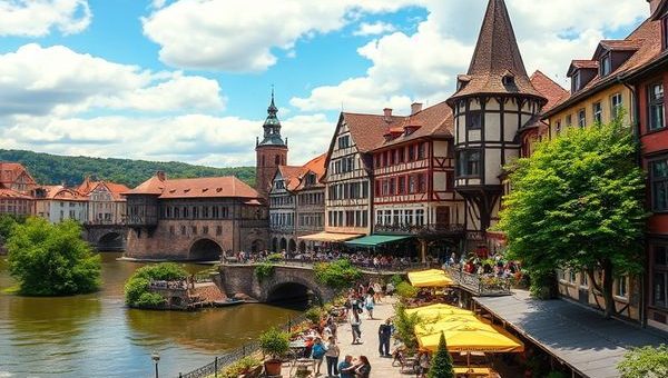 "Create a high-definition image of Trier, Germany, showcasing the iconic Porta Nigra and the scenic Moselle River under a blue summer sky filled with fluffy white clouds. Include vibrant outdoor cafes bustling with people, lush gardens in full bloom, and historic architecture blending with modern charm. Capture the essence of summer festivities, with people enjoying local wine and traditional delicacies, all in a warm, inviting atmosphere."