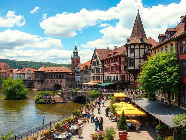 "Create a high-definition image of Trier, Germany, showcasing the iconic Porta Nigra and the scenic Moselle River under a blue summer sky filled with fluffy white clouds. Include vibrant outdoor cafes bustling with people, lush gardens in full bloom, and historic architecture blending with modern charm. Capture the essence of summer festivities, with people enjoying local wine and traditional delicacies, all in a warm, inviting atmosphere."