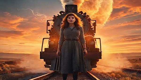 "Create a high-definition image depicting a scene from the film 'Train Dreams' (2025), focusing on the character Eleanor Dunn, a strong female protagonist, standing defiantly in front of a steam locomotive, embodying empowerment and ambition. The landscape is a blend of shifting train tracks and vast, open skies, symbolizing the journey of women breaking societal norms. Surround Eleanor with ethereal whispers of female camaraderie, represented as delicate, flowing threads of light weaving through the air, capturing both the beauty and intensity of her aspirations."