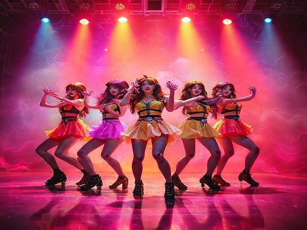"Create a high definition image of an all-female KPop group, dressed in vibrant, supernatural-themed costumes, performing an electrifying dance on a neon-lit stage. The backdrop features swirling colors and dynamic visual effects reminiscent of a supernatural thriller, highlighting their camaraderie and empowerment. Incorporate elements of demon-hunting, like ethereal shadows and mystical symbols, while showcasing their strength and individuality as they unite against malevolent forces."
