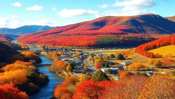 A high definition image of Taumarunui in the heart of New Zealand’s North Island, showcasing the vibrant autumn landscape with rich reds, oranges, and yellows painting the trees. Include scenic views of the winding Forgotten World Highway, a tranquil Whanganui River, and a hint of Maori culture through traditional carvings or festivals. Capture the essence of a peaceful rural town filled with natural beauty and inviting outdoor activities, complete with scattered clouds in a clear blue sky.