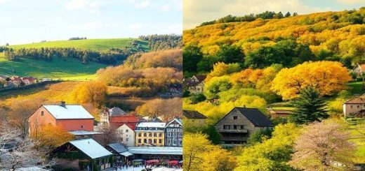 A high-definition image of Landkreis Görlitz showcasing the stunning transformation through the four seasons: vibrant green hills in summer with cyclists, golden autumn foliage surrounding medieval architecture, a tranquil snow-covered winter scene with cozy Christmas markets, and a blooming spring landscape filled with colorful flowers and blossoming trees. Captivate the essence of each season blending harmoniously in one picturesque view that highlights the region's natural beauty and cultural richness.