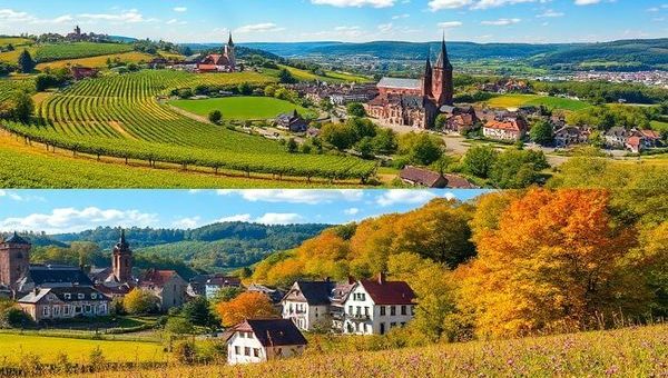 **Image Prompt:** Create a high definition image of Landkreis Trier-Saarburg showcasing its stunning seasonal transformations. Depict a picturesque landscape with lush vineyards and quaint villages under a bright summer sun, a serene winter scene with snow-draped historical buildings around a bustling Christmas market, a vibrant autumn forest painted in hues of amber and gold, and a fresh spring meadow alive with blossoms and greenery. Capture the essence of adventure and tranquility in this enchanting German region.