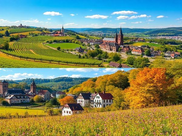 **Image Prompt:** Create a high definition image of Landkreis Trier-Saarburg showcasing its stunning seasonal transformations. Depict a picturesque landscape with lush vineyards and quaint villages under a bright summer sun, a serene winter scene with snow-draped historical buildings around a bustling Christmas market, a vibrant autumn forest painted in hues of amber and gold, and a fresh spring meadow alive with blossoms and greenery. Capture the essence of adventure and tranquility in this enchanting German region.